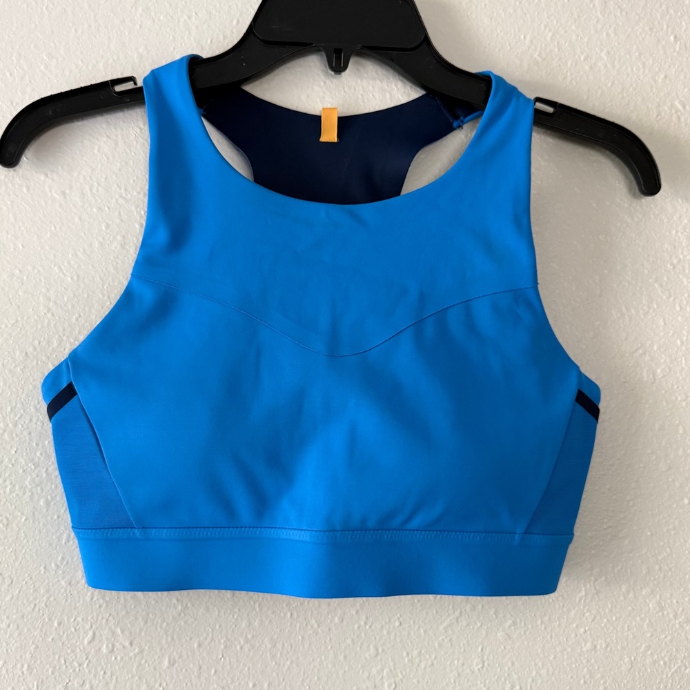 Brooks Drive 3-Pocket Run Bra Blue Navy High Neck Sports Bra 34DD/E 350080